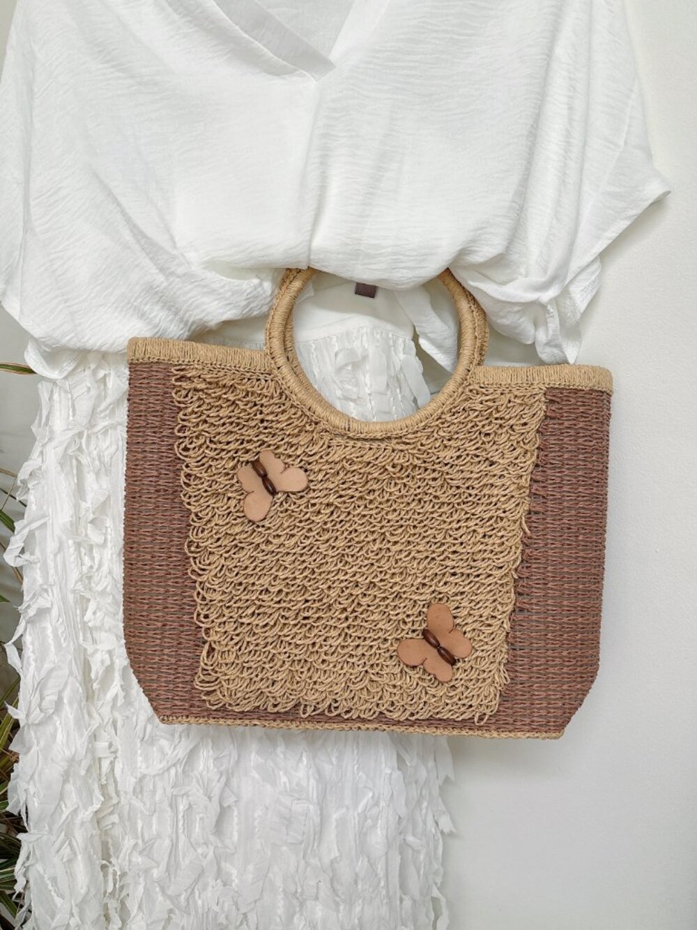 Handcrafted Straw Butterfly Tote Bag